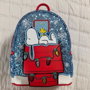 Loungefly Blue Sequin Peanuts Snoopy & Woodstock Backpack with Red Doghouse